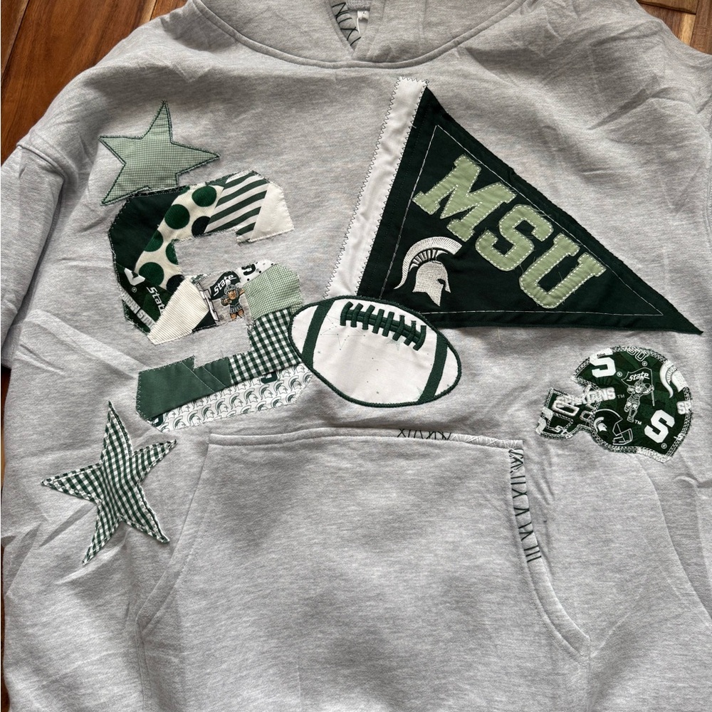 MSU Grey Hoodie with Green Appliqué Football Design